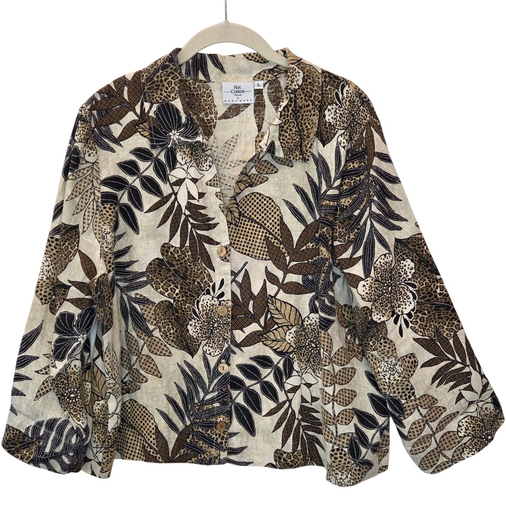Hot Cotton Petite Marc Ware Neutral Tropical Print Button Down Shirt L